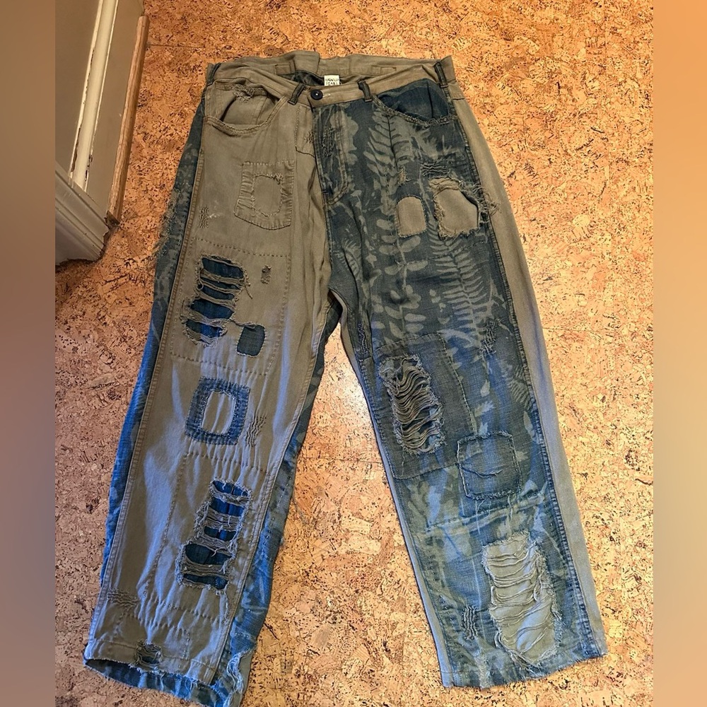 Magnolia Pearl OOAK Specialty Tan and Blue Miner Denims Distressed Patchwork